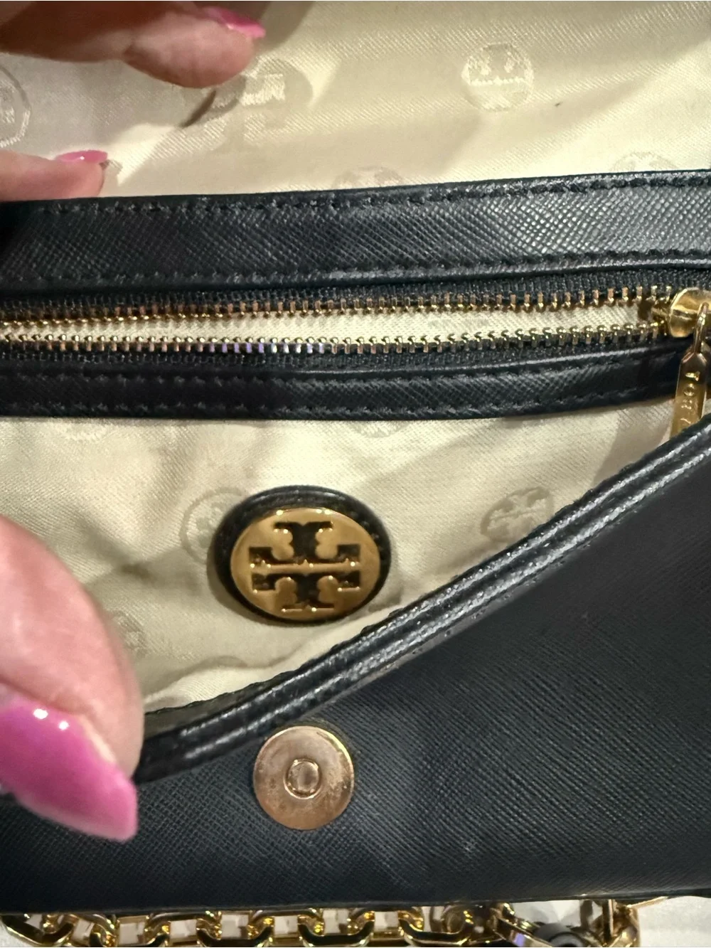 Tory Burch Robinson Mini Black Leather Bag with gold chain & hardware.